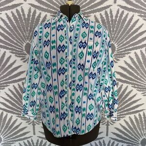 Vtg Southwestern Aztec Button Up Shirt Women’s Sz S White Blue Tribal Western